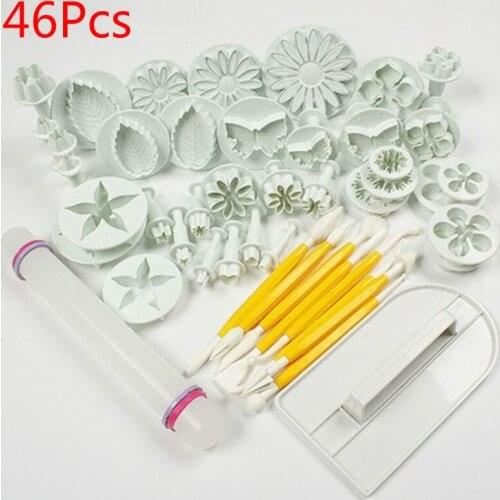 46pcs Flower Shape Cookie Cutters Embossing Rolling Pin Chocolate Candy Stamping Molds Biscuit Pastry Cake Decorating Tools