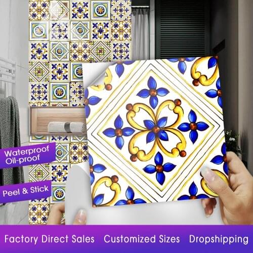 Spanish Style Watercolors Hard Ceramics Wall Sticker Kitchen Bathroom Home Renovation Wallpaper Tiles Floral Ornament Art Mural