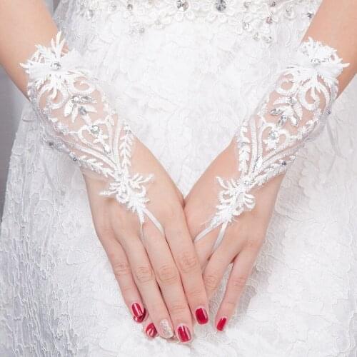 White Eblow Length Wedding Gloves Women Fingerless Bridal Gloves Elegant Rhinestone Lace Gloves for Bridal Wedding Accessories