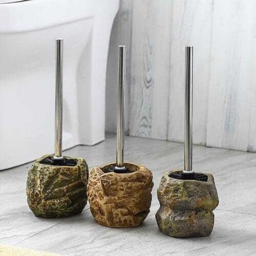 Free punching toilet brush retro stone toilet brush holder set creative bathroom cleaning ceramic long handle bath brush WY606