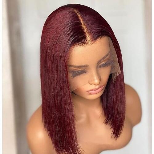 Burgundy Lace Front Wig Bob Wig Lace Front Human Hair Wigs Transparent Lace Bone Straight Human Hair Wedge Brazilian Hair Wigs