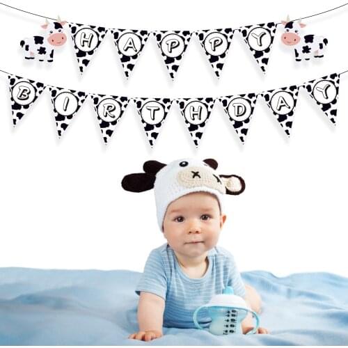 Black Farm Animals Milk Cow Theme Party Paper HAPPY BIRTHDAY Party Hanging Banners Triangle Flags for Baby Shower Party Banner