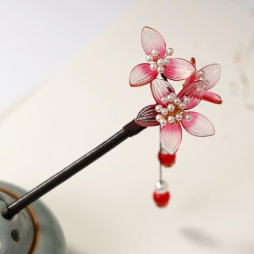 Handmade Wooden Red Flowers Pearls Tassel Hairpins Clips Hair Sticks Ancient Chinese Hanfu Dress Hair Jewelry Accessories