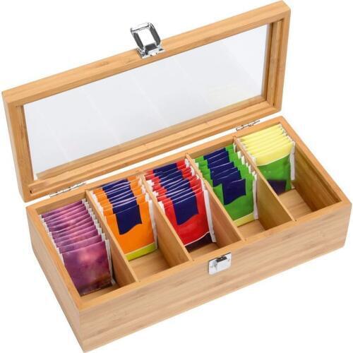 Tea Bag Storage Box Transparent lid Bamboo Organizer Box Bags With 5 separate compartments for storing tea bags sugar packets