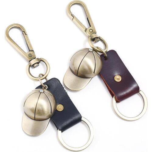 Fashion Vintage Men Women Kids Key Chain Leather Bag Holder Metal Baseball Cap Hat Keyrings Accessories Retro Car Keychains Gift