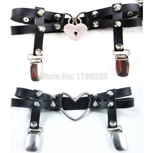 Punk Gothic Handmade Leather Fashion Lockable Key Double Heart Spikes Studded Leg Garter Belt Thigh Suspender Harness