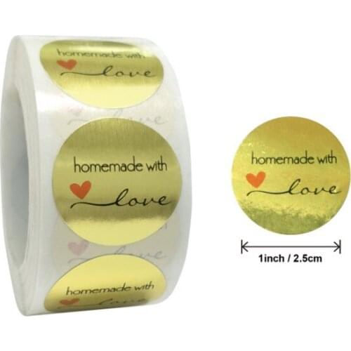 500pcs/roll Golden homemade with love heart Food paper bag sealing gloss stickers decoration Sealing Scrapbook 25mm