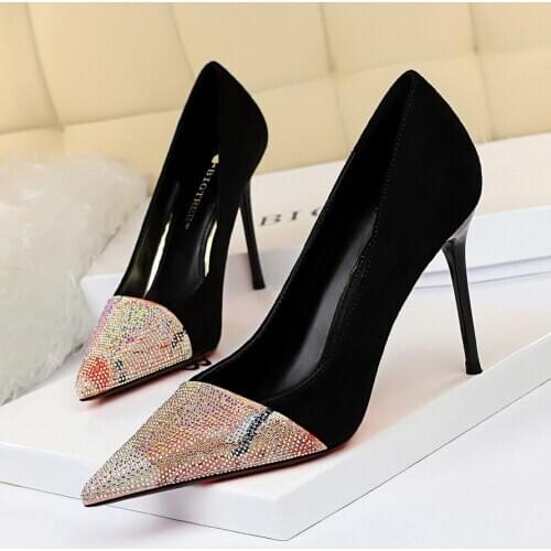 Sexy Nightclub Skinny High Heels Womens Shoes Thin Heeled Suede Shallow Mouth Pointed Color Matching Crystal Shoes