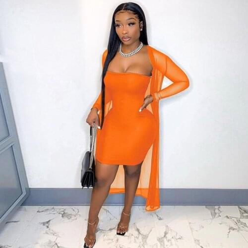 Thorn Tree Sexy Mesh Sheer 2 Piece Set Long Sleeve Cardigan Jackets Women Off Shoulder Strapless Bodycon Mini Dress Clubwear Set