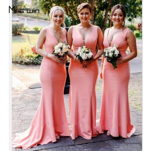 Mrs win Bridesmaid Dresses For Girls Pink Meramid Long Elegant Wedding Guest Dresses HR246 Deep V Neck Vestido Madrinha 2020
