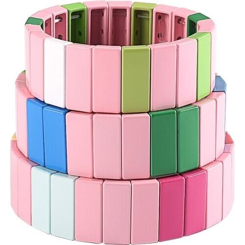 Pink Enamel Tile Bead Wrap Bracelet DIY Family Metal Square Sister Bracelet Jewelry Stackable Beaded Braclets for Women Girls