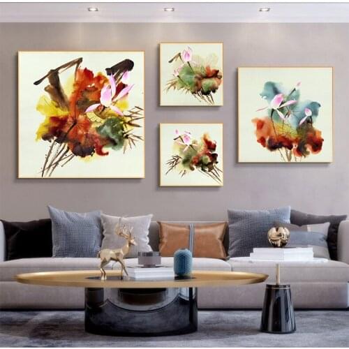Hand Painted Chinese Wind Art Plant Lotus Picture Abstract Print Canvas Painting for Livingroom Bedroom Wall Art Decor Poster