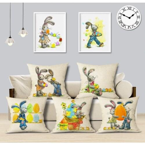Cute Bunny Rabbit Cushion Cover Happy Easter Color Eggs Home Cotton Linen Throw Pillow Case Living Room Decoration Pillow Cover