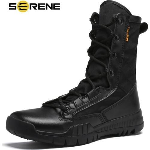 SERENE Brand Men Genuine Leather Army Boots Caliga Breathable High Top Split Desert Military Shoes Safety Ankle Motocycle