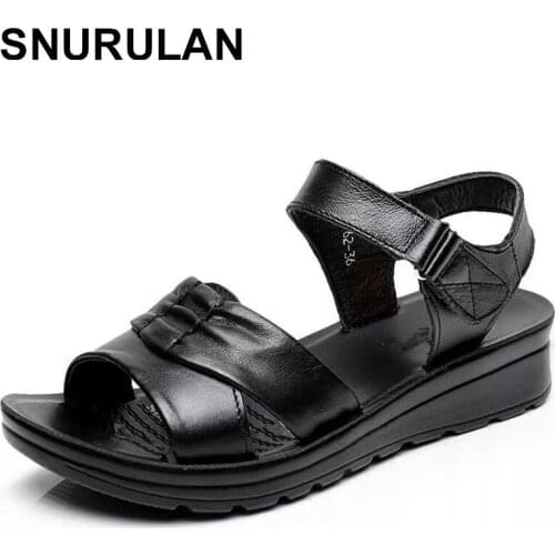 SNURULAN Summer Shoes Women Sandals Leather soft soles comfortable Ladies sandals large size Middle-aged casual Open Toe sandals