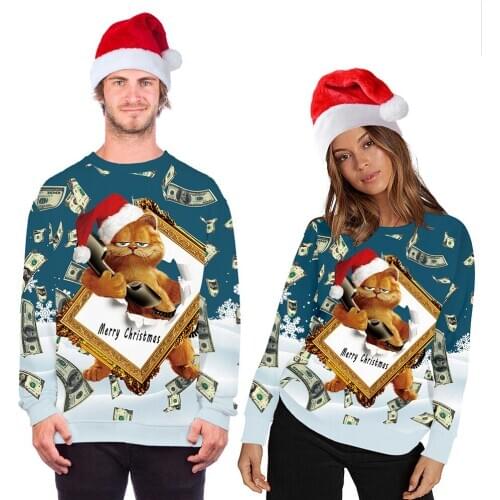 Christmas Cat Digital Print Couple Autumn Round Neck Long Sleeve Sweater Street Pullover