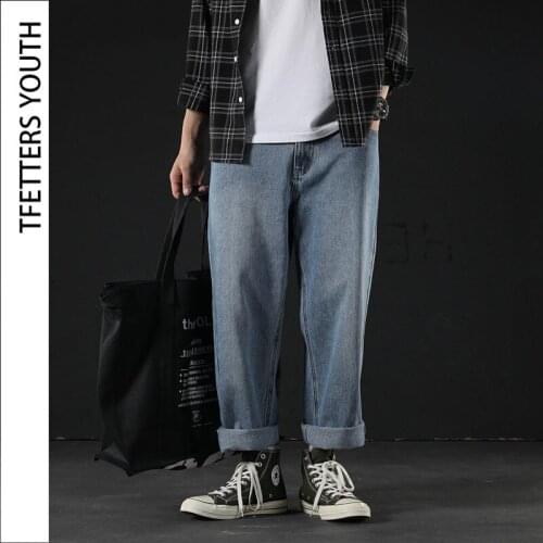 TFETTERS Japanese Harlan Men Jeans Fashion Casual Retro Mid Old Washed Pants Wide Leg Straight Loose Couple Clothing Black Jeans