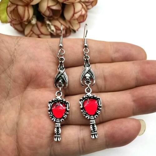 Vintage Vampire Bat Magic Mirror Drop Earrings Gothic Punk Dangling Jewelry Gift