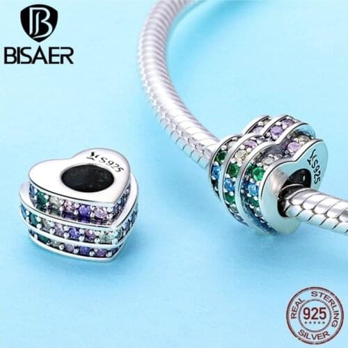 BISAER Sale Rainbow Heart Radiant Spacer 925 Sterling Silver Charms Beads Fit Bracelets Necklaces Women Beads Silver 925 Jewelry