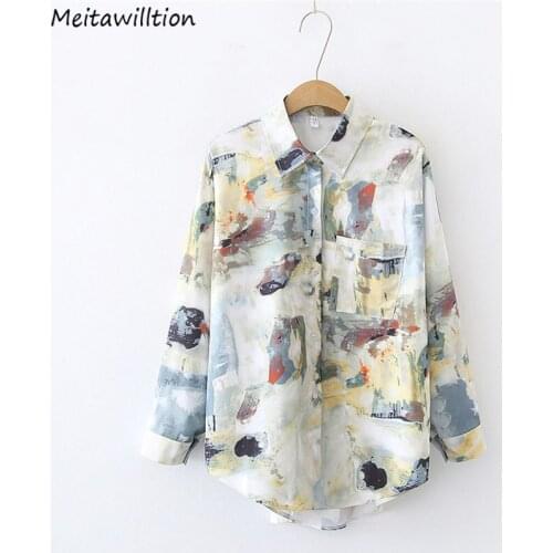 Women Retro Oil Painting Print Blouse Shirt Korean Loose Lapel Tops And Blouses 2021 Autumn Casual Long Sleeve Tops