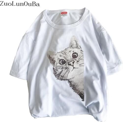 Zuolunouba 2018 New Girls Summer Bf Wind Harajuku Leisure Cotton Cat Printed Pattern O-neck T-shirt T-shirt Tops Women
