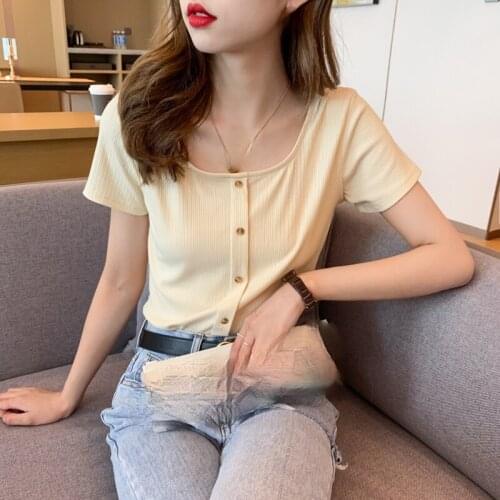 Woman Tshirts Button Casual Loose Short Sleeve Fashion Korean Solid Female Tees Square Collar Summer New 2021 Femme Tops S0173