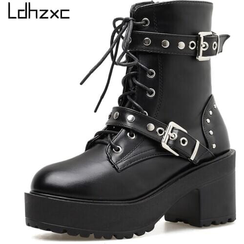 LDHZXC Sexy Rivet Autumn Boots Women Platform Boots Black Leather Gothic Punk Style Combat Boots For Women Mid Heels Comfortable