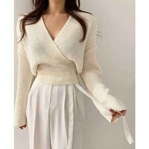 Korean Fashion Cross V-Neck Loose Thick Warm Collect Waist Womens Sweater Pullovers Beige 2021 Autumn Winter Clothing For Women