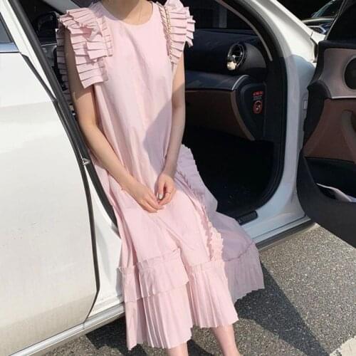 Sweet Chic Summer Women Dress Solid Irregular Pleated Short Sleeve Dress for Women Elegant Party Loose Long Dress Vestido 14001