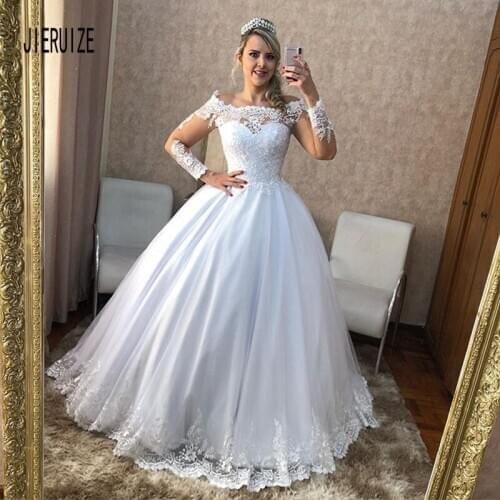 JIERUIZE Vintage Lace Wedding Dresses Long Sleeves Off Shoulder Bridal Gowns Ball Gowns Wedding Gowns For Women Button Back
