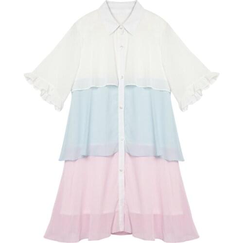 PERHAPS U White Pink Blue Patch Work Chiffon Turn Down Collar Short Sleeve Button Cascading Ruffle Mini Short Dress Summer D0461