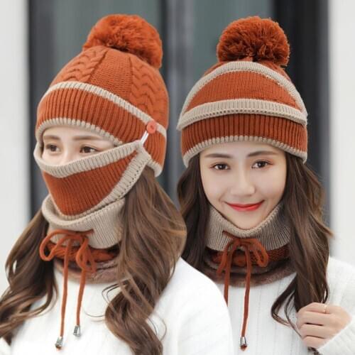 3Pcs/Set Women Winter Woolen Knitted Fluffy Ball Beanie Cap Warm Mask Neck Scarf Skullies for outdoor