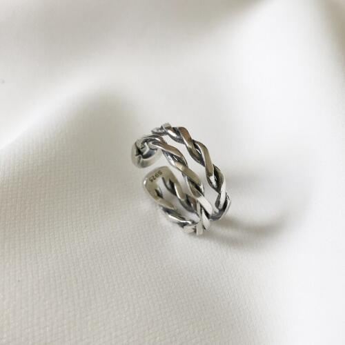 925 Sterling Silver Retro Vintage Double Line Twisted Wire Opening Adjustable Ring Fashion Jewelry for Girlfriend Birthday