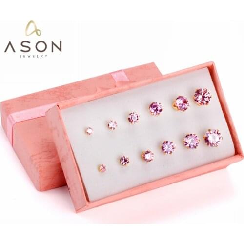 ASONSTEEL Stud Earrings for Women Pink Color Round AAA Crystal 6pairs/box Earring Sets Stainless Steel Mujer Bijoux Loves Gift