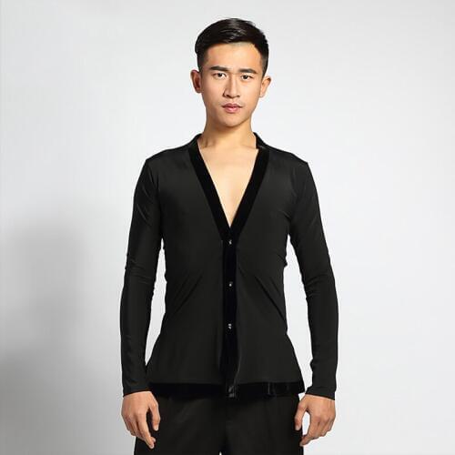 Cheap Latin Dancing Shirts For Male Black Color Button Velvet Tops Men Adult Modern Chacha Ballroom Indian Tango Clothes Q11133