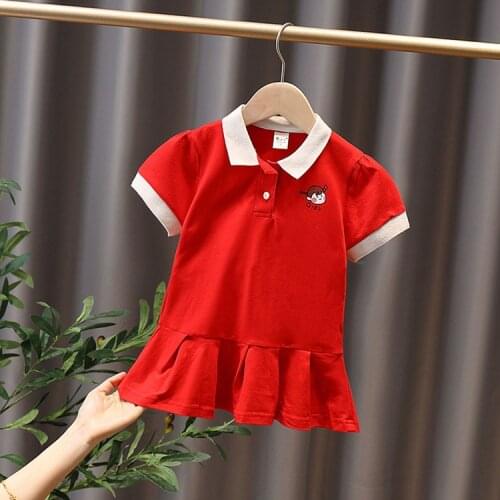 Red Pink Color Girls Princess Dress Turn Down Collar Knitted Cotton Polo Dress Summer Short Sleeve Childrens Baby Skirt 1-5T
