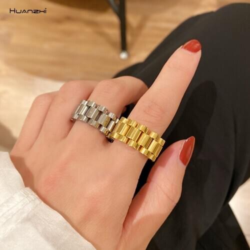 HUANZHI 2020 Punk Metal Geometric Chain Rings Irregular Watchband Fing Ring Gold Silver Color for Women Men Party Jewelry Gifts