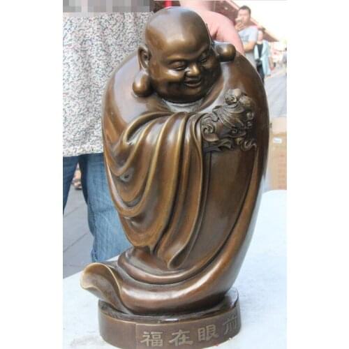 19" Chinese Pure Bronze Copper Bat King Happy Laughing Maitreya Stand Statue