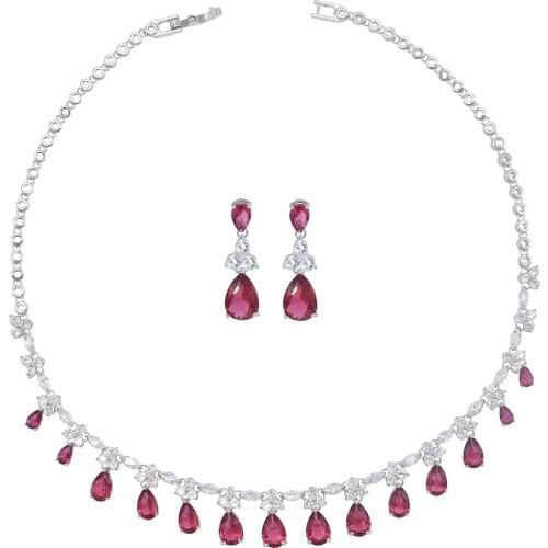 Luxury Womens Platinum Plated Red Cubic Zircon Necklace Pendant Earring Set Fashion Bride Wedding Party Jewelry Set