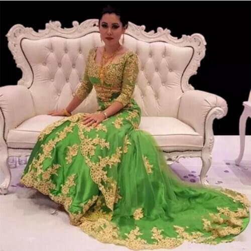 Sexy V Neck Tulle Moroccan Caftan Evening Dresses Embroidered Lace Muslim Dubai Saudi Arabic Green Prom Dress Custom Plus Size