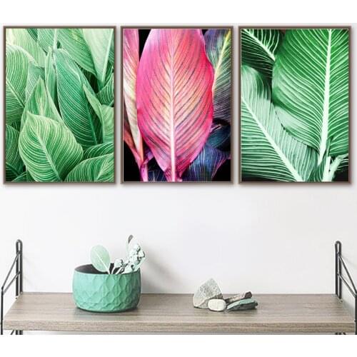 Fashion Nordic Green Plant Poster Wall Art Canvas Painting Big Fresh Pink Green Tropical Leaves Wall Pictures For Living Room