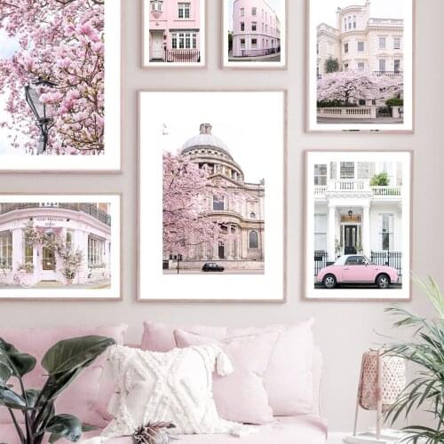 Pink Sakura St. Pauls Cathedral Car Wall Art Canvas Painting Nordic Posters And Prints Decor Pictures For Living Room Mural