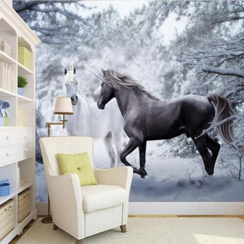 Custom Mural Wallpaper 3D Black And White Horse Snow Landscape Photo Wall Painting Mural Living Room Backdrop Wall Decor Fresco