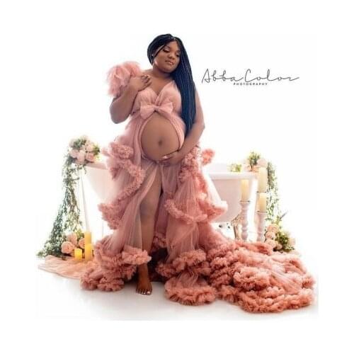 New In Blue Pink Tulle Pregnancy Dresses V Neck Sleeveless Open Front Tiered Long Train Bridal Maternity Gowns Plus Size