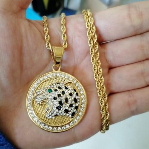 New Fashion Charm Hip Hop Jewelry Neclace Stainless Steel Leopard Pendants Necklace for Men and Women 24inch Rope Chain Box