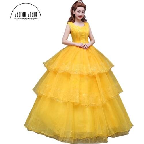 New Arrival Moive Belle Princess For Adults Women Cosplay Costume Yellow Beautiful Dress Custom Made