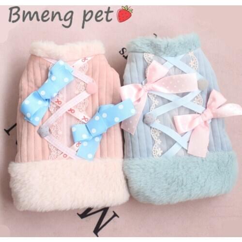 Dog Clothes For Small Dogs Winter Warm Cotton Padded Jacket Two Legs Cute Cat Clothing Ribbon Bowknot Ladies Pet Costume
