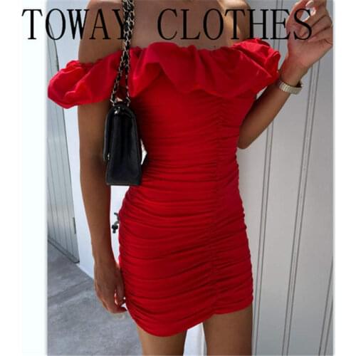 Solid Off Shoulder Slim Ruffles Contrast Bodycon Mini Dress Vestidos De Verano Dress Solid Summer Dress For Women 2021