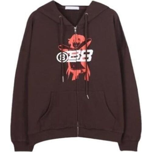 Autumn 2021 Fashion Korean Version Y2K Vintage Hoodies Women/Girl Print Long Sleeve Casual Loose Brown Zipper Hooded Sweatshirts