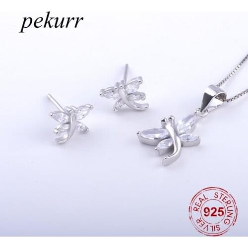 Pekurr 925 Sterling Silver Zircon Gems Dragonfly Earrings Necklace Sets For Women Crystal Insect Pendants Party Jewelry